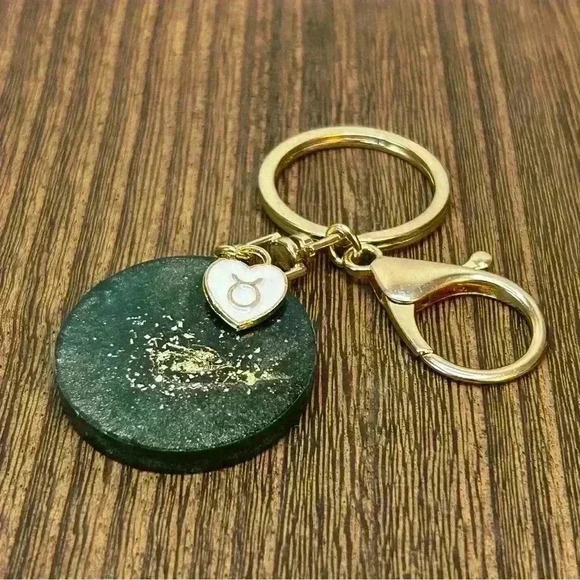 Gold Tone Keychain with Hand Crafted Zodiac Taurus Medallion and Heart Charm - Picture 1 of 2